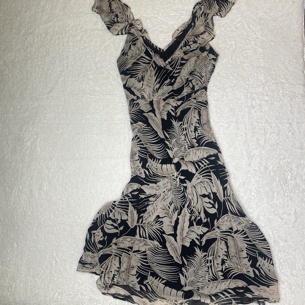 Vintage line floral sleeveless ruffled straps v neck mid length tapered dress S - Picture 9 of 11